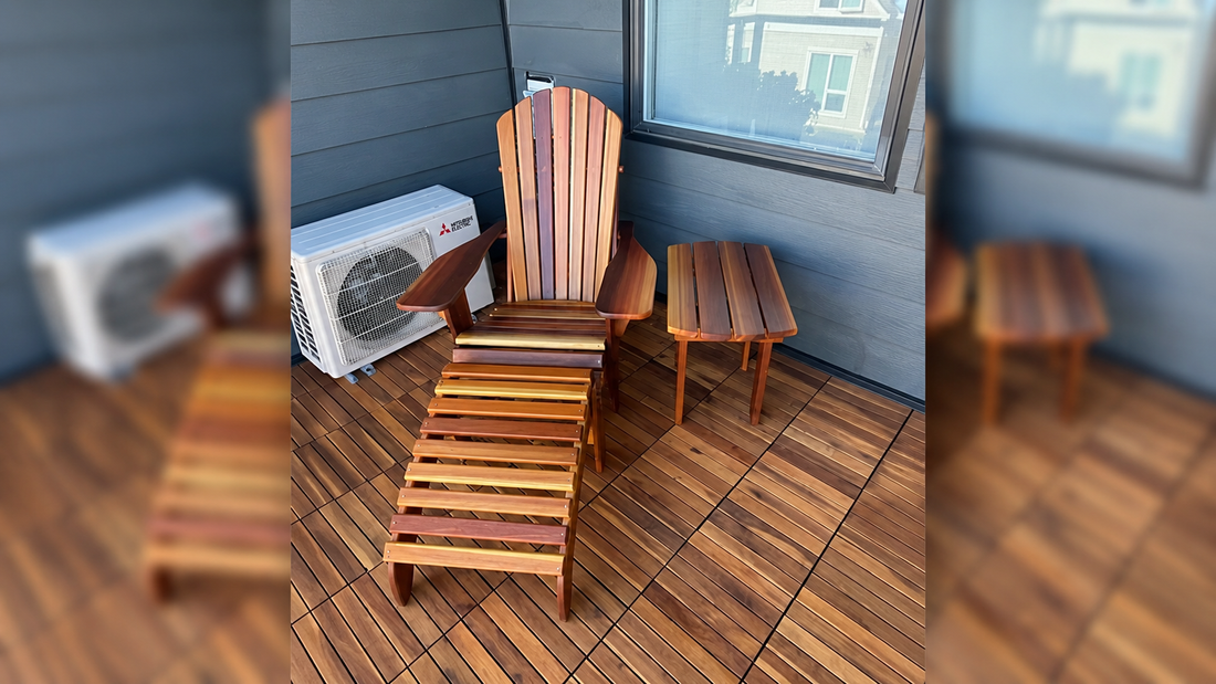 Cedar Adirondack chair with matching footrest and side table on a wooden balcony
