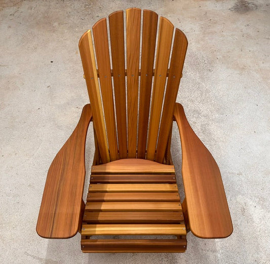 Handcrafted Western Red Cedar Adirondack chair with wide armrests and clear, knot-free lumber