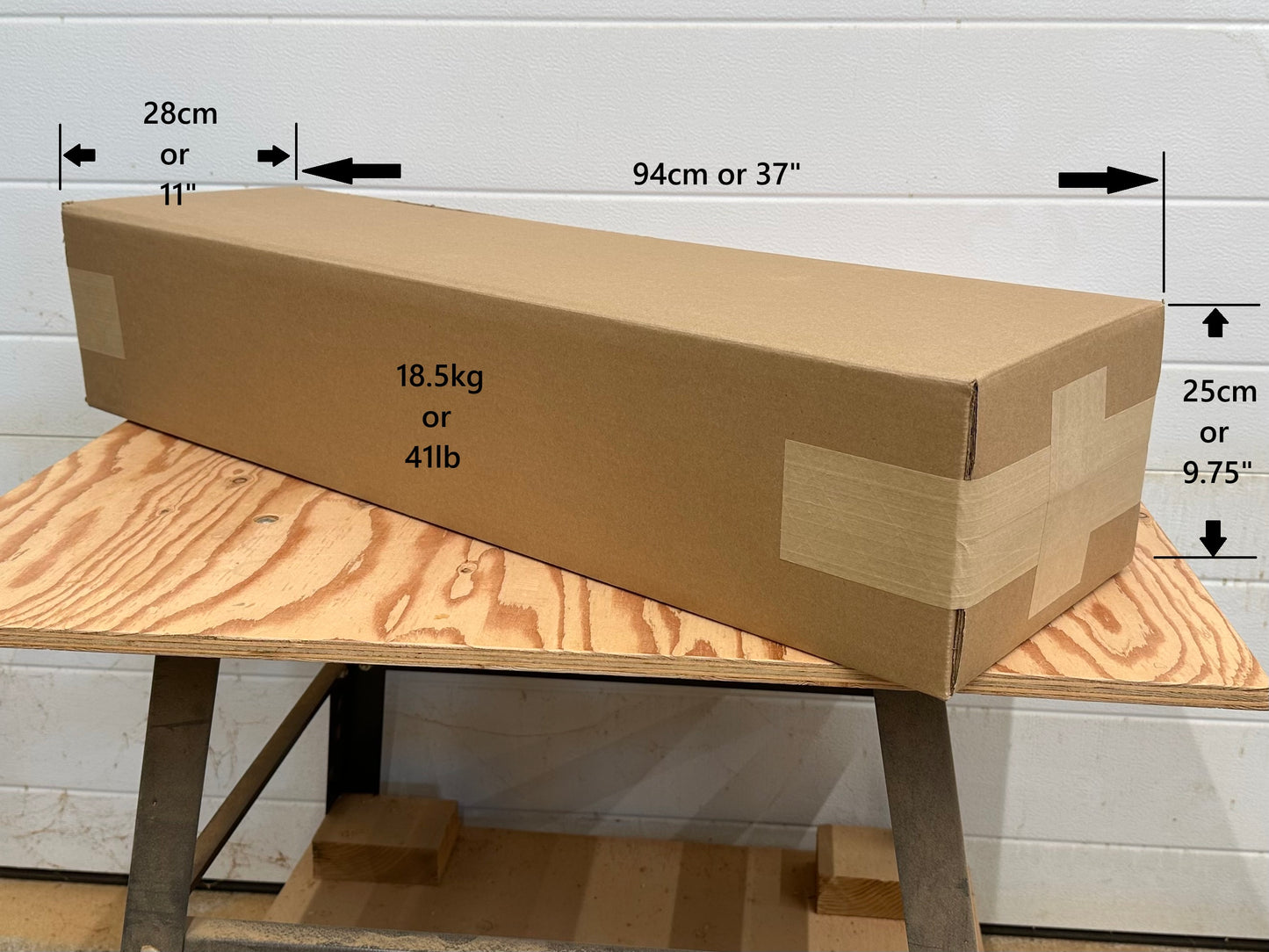 Shipping box for the cedar Adirondack chair and footrest or table set showing package dimensions and weight