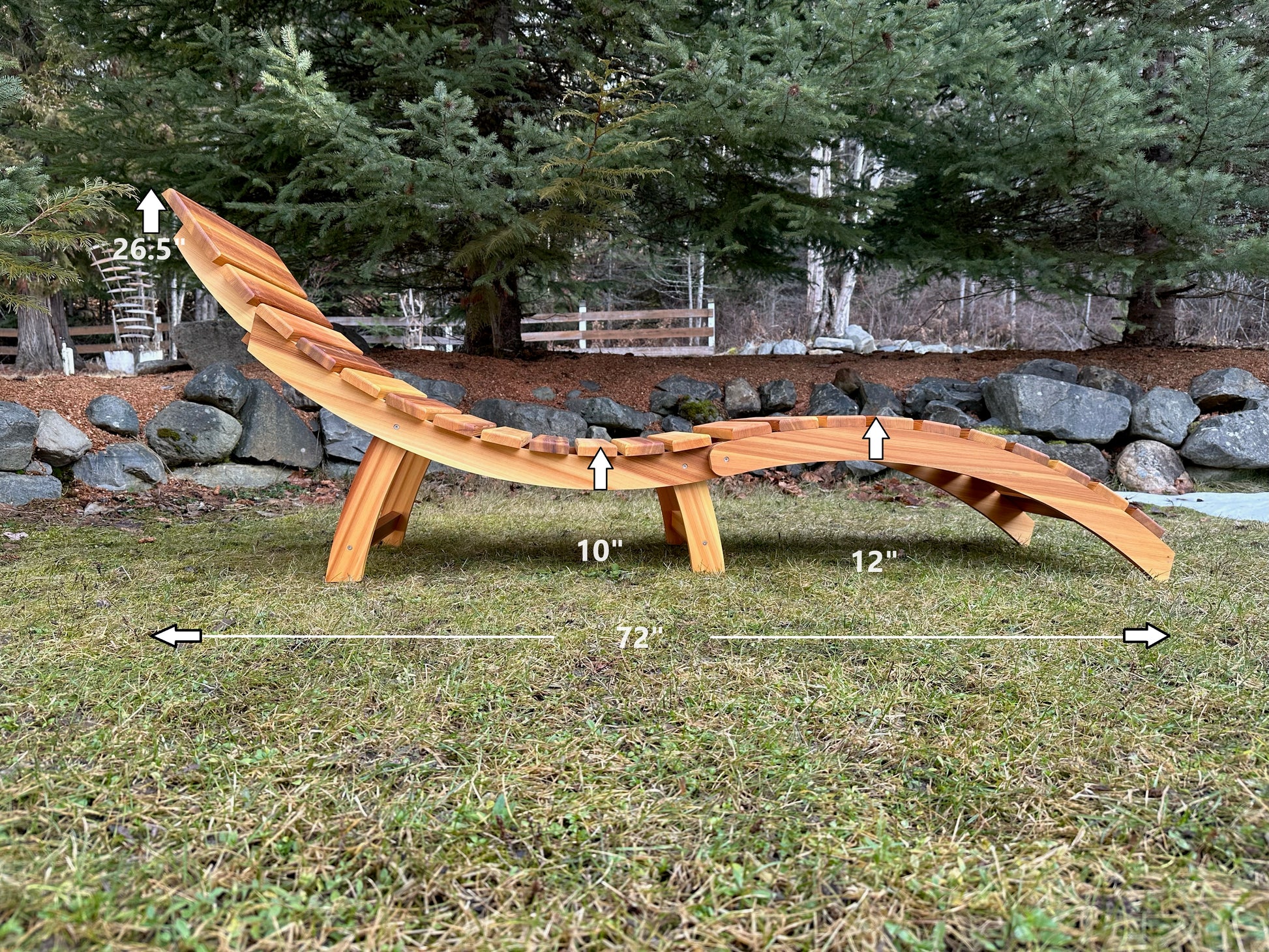Cedar folding lounger dimensions shown in side view