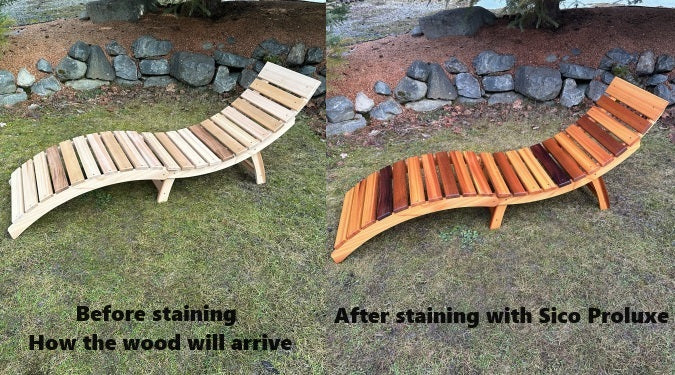 Western Red Cedar lounger before and after applying Sico ProLuxe finish