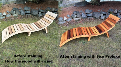 Western Red Cedar lounger before and after applying Sico ProLuxe finish