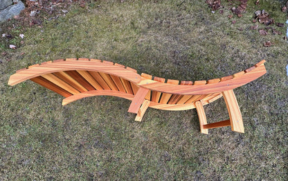 Overhead view showing the curved frame construction beneath the cedar lounger