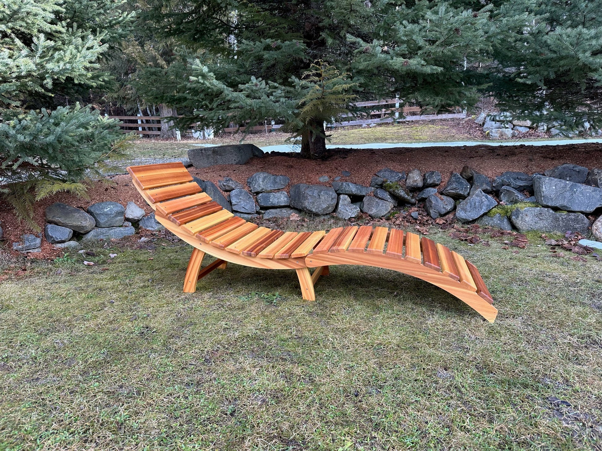 Western Red Cedar folding lounger viewed from an angle outdoors