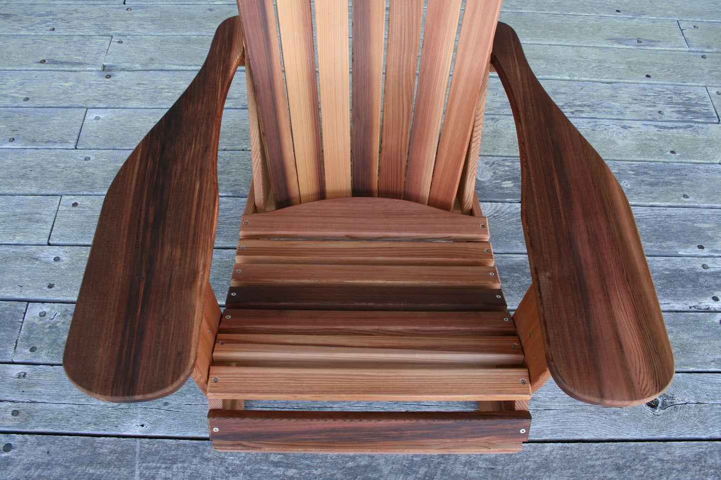 Close view showing the seven-inch arms, curved seat slats and stainless-steel fasteners