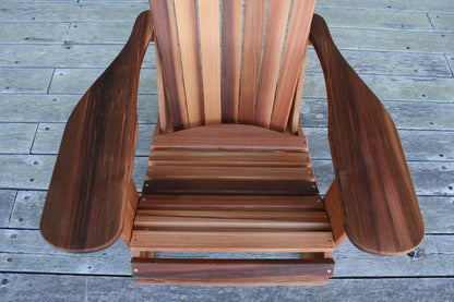 Close view showing the seven-inch arms, curved seat slats and stainless-steel fasteners