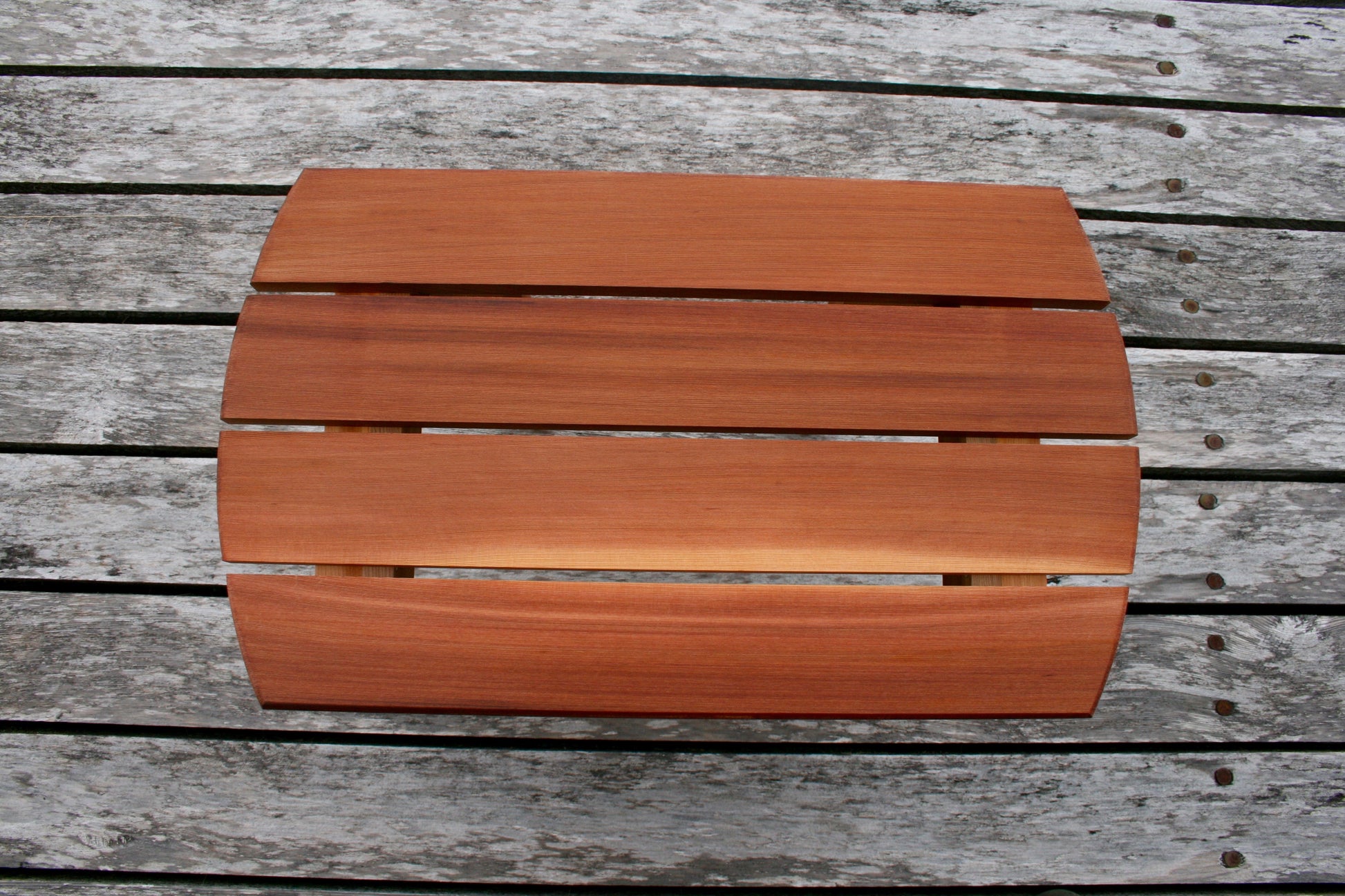 Top view of the slatted Western Red Cedar side table