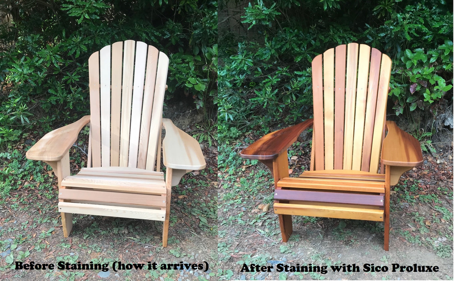 Unstained Adirondack chair beside the same chair after applying SICO ProLuxe Natural finish